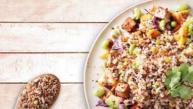 Vegetarisk bowl med tofu, avokado och mango